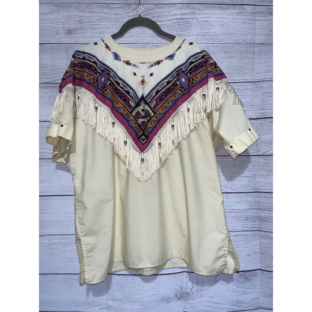 Vintage Hazelwood Shirt Top Womens White Indian Tassel Western Rodeo Large 90s